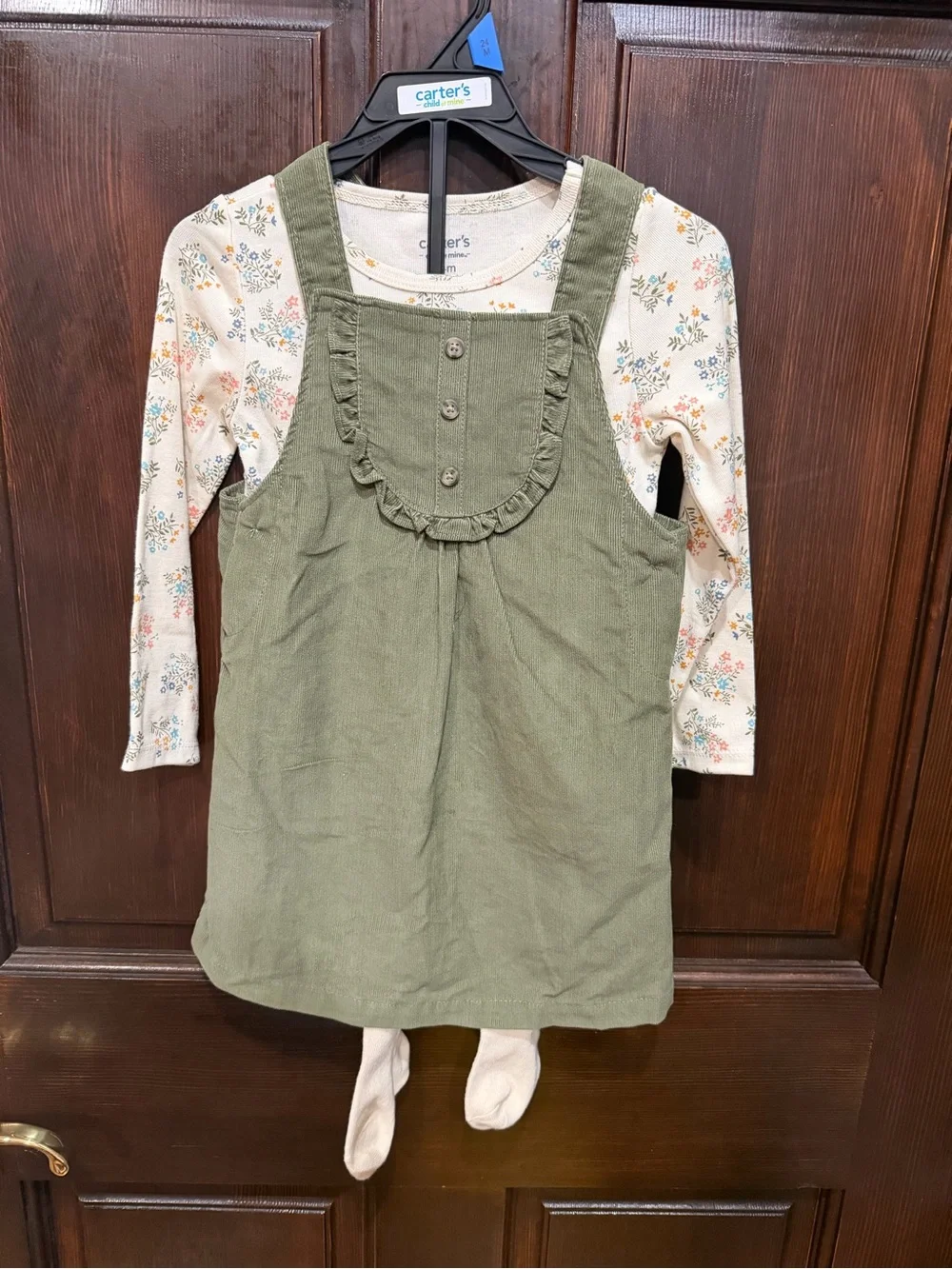 Carter's 3 piece set Olive Green Cordury dress, long sleeve shirt, and tights